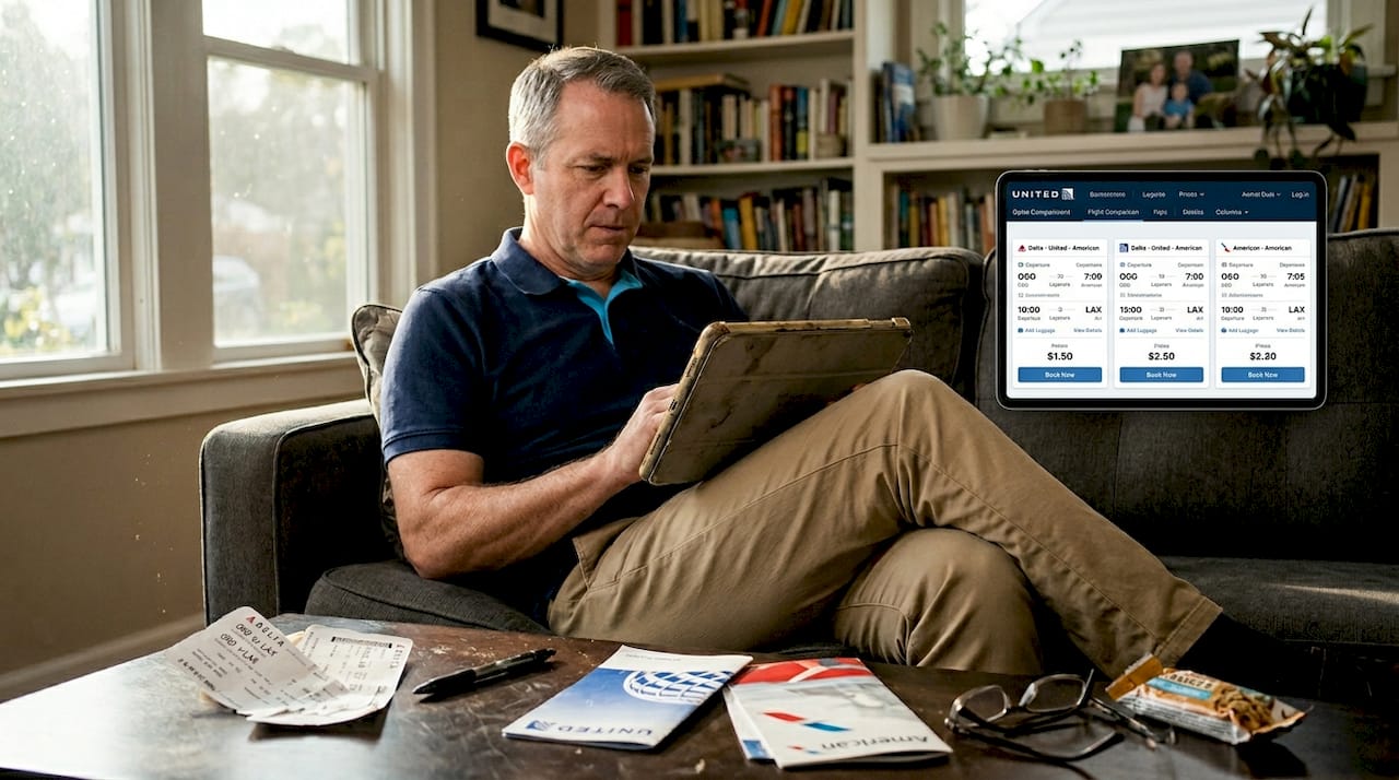 Person comparing airline options on tablet