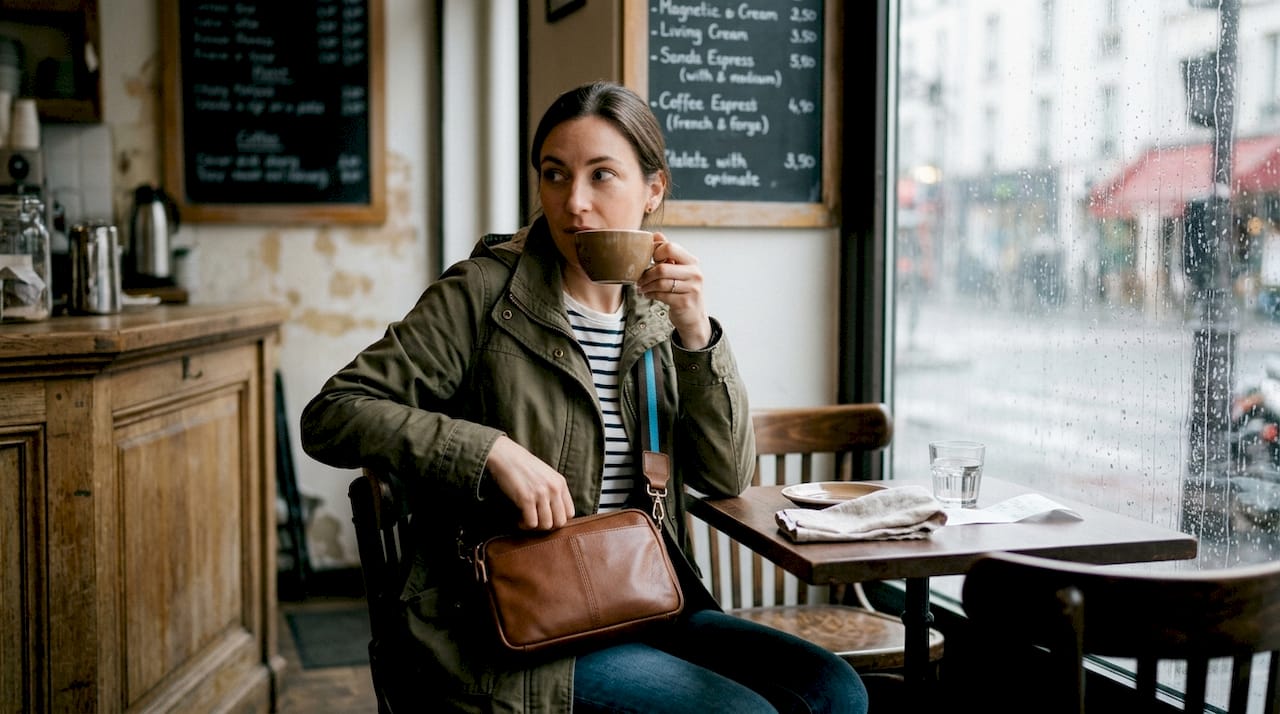 Traveler stays alert alone in cafe