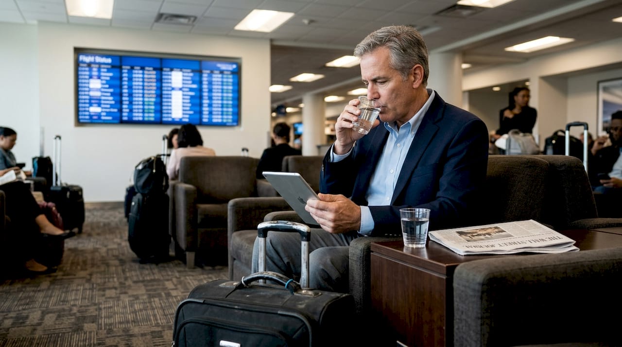 Business traveler in airport lounge working