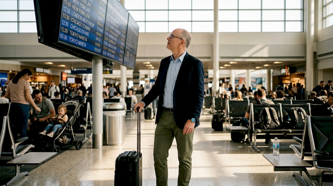 Travelers waiting at airport Sunday afternoon