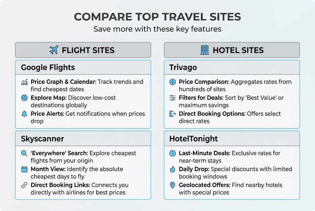Infographic comparing hotel and flight sites
