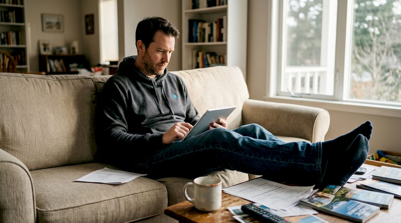 Man comparing flight fares at home