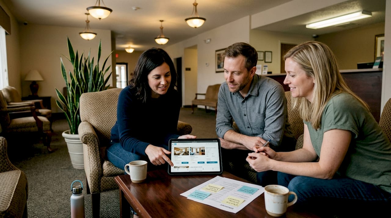 Travelers discuss hotel options in hotel lobby