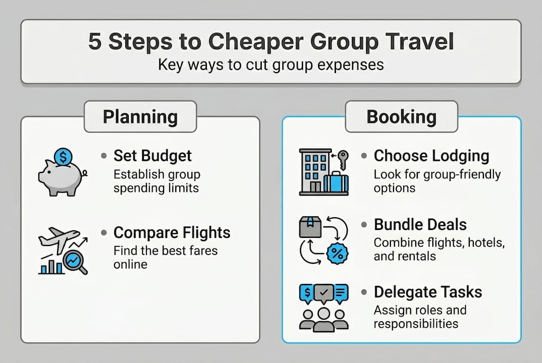 Infographic with five group travel saving steps