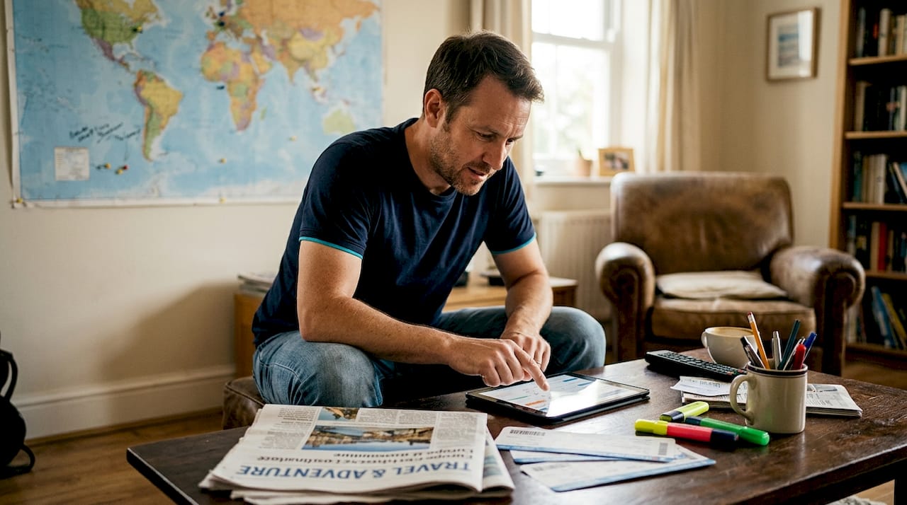 Man comparing Delta flight routes at home