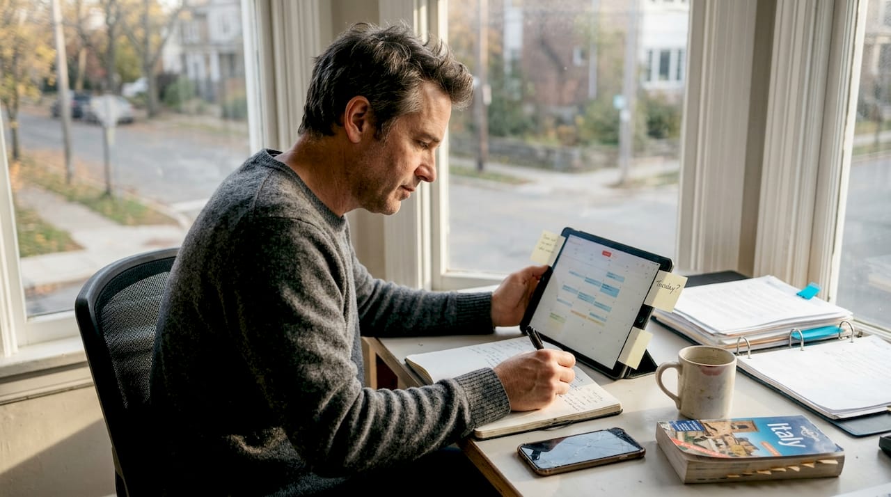 Man checks calendar for cheapest flight days