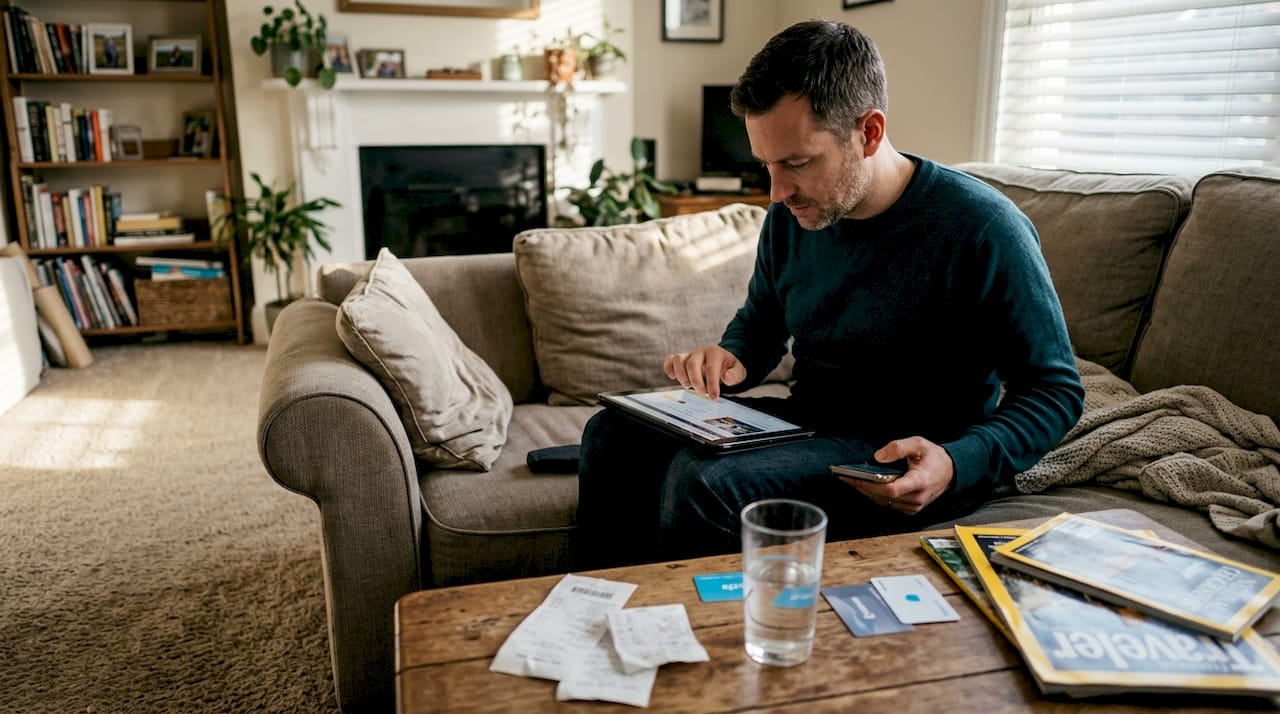 Man reviewing hotel deals in living room