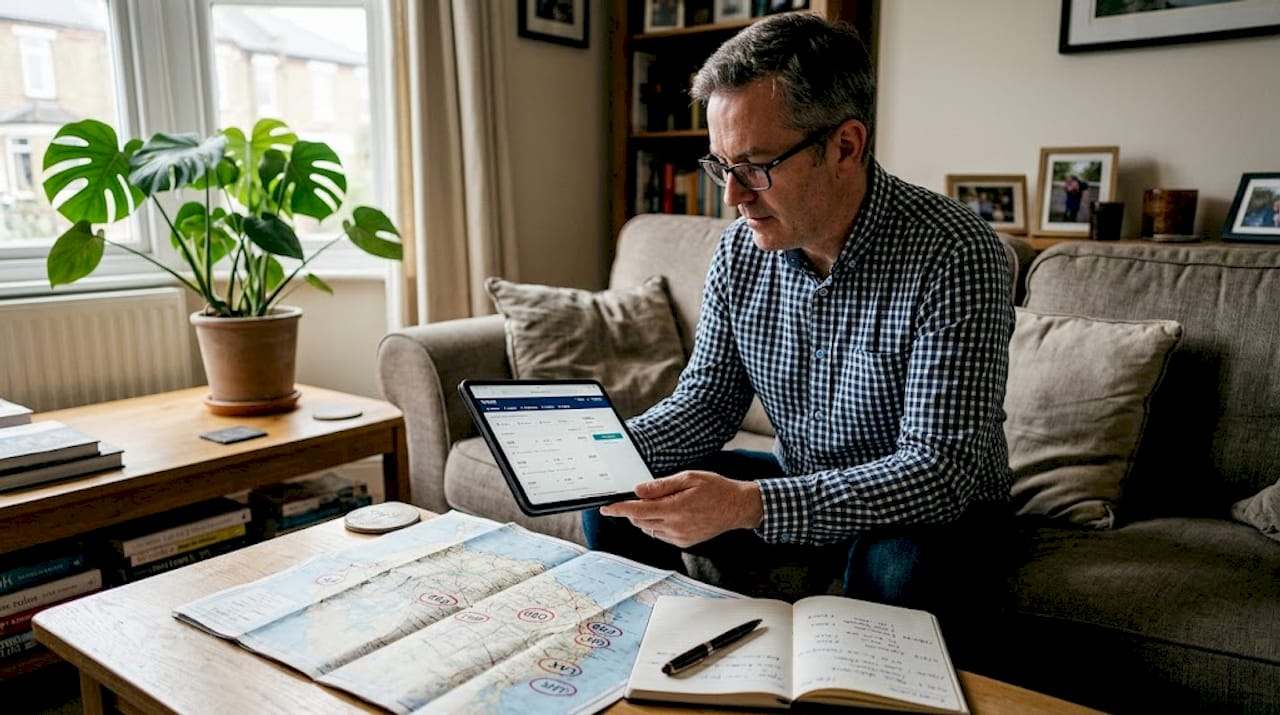 Man explores alternate airport options with tablet