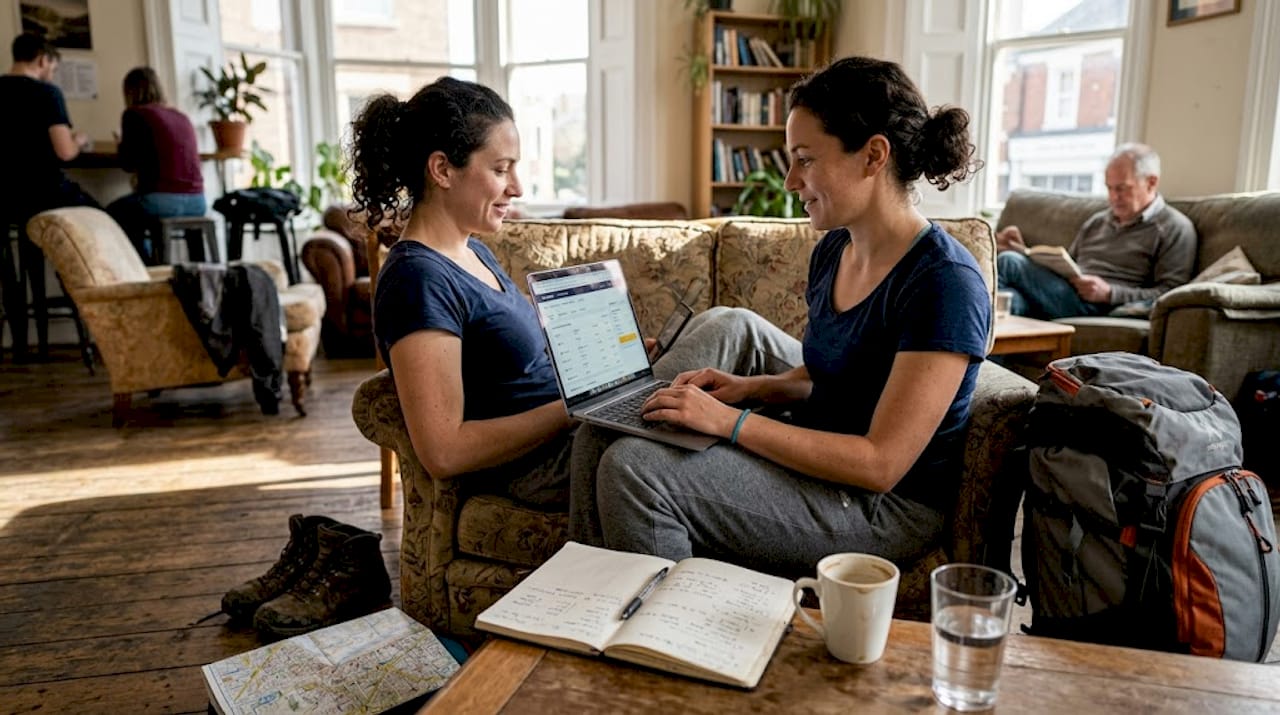 Budget traveler researching flights in hostel