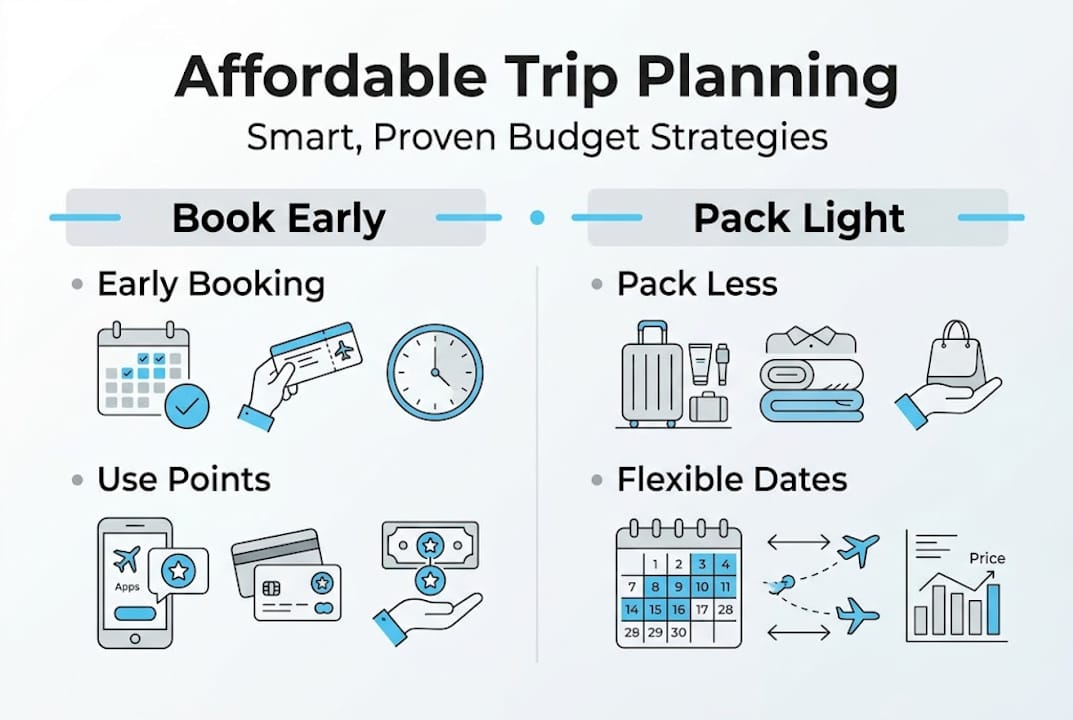 Infographic showing budget travel strategies