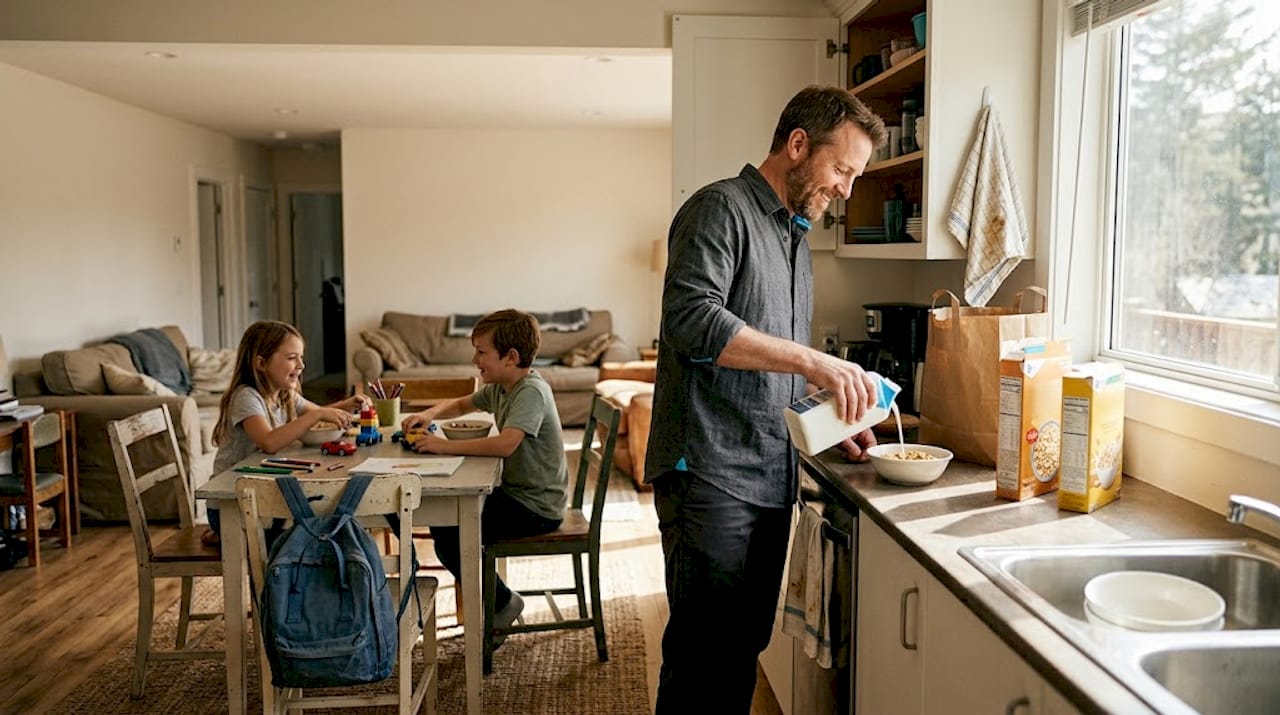 Family uses vacation rental kitchen for breakfast