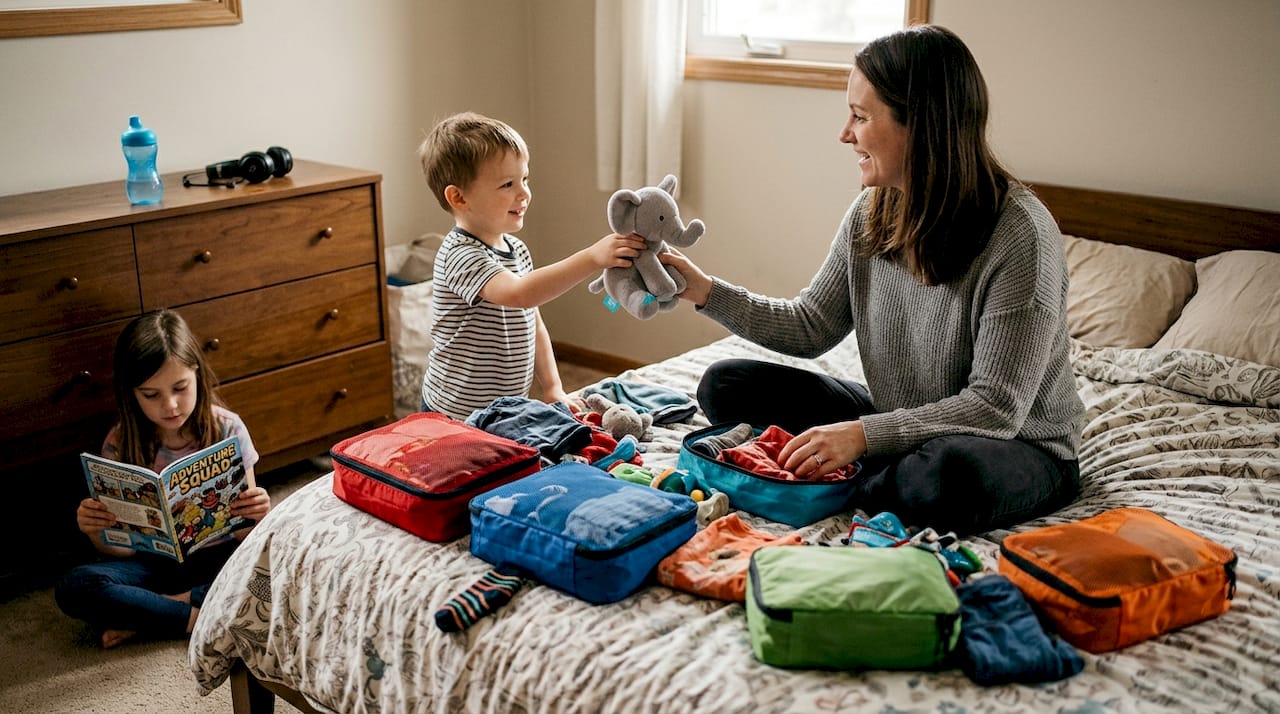 Parent organizing packing cubes for kids