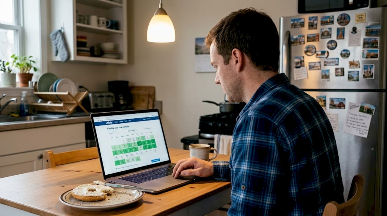 Alaska fare calendar in lived-in kitchen