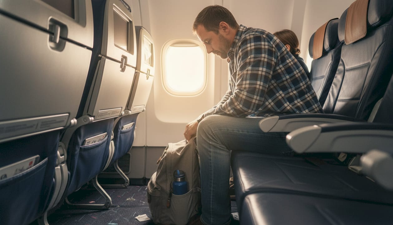 Traveler placing personal item under airplane seat