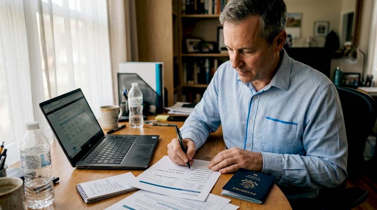 Person verifying multiple flight bookings at desk