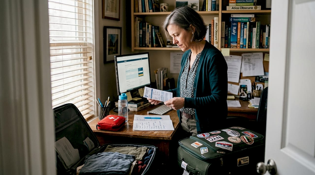 Woman checking medical insurance for travel