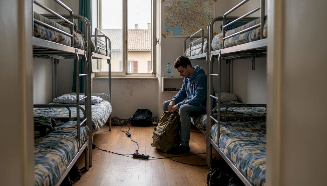 Traveler packing in shared hostel dorm room