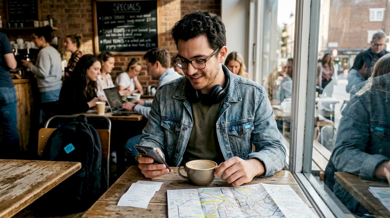 Man booking travel deals on phone in café