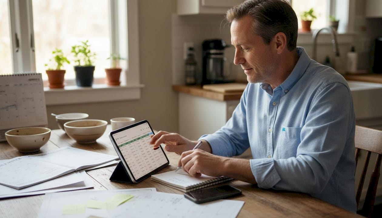 Man checking flight dates at kitchen table