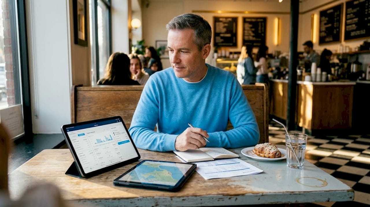 Man comparing flight options in café booth
