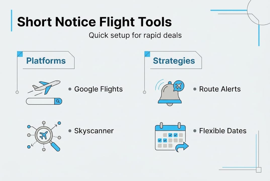 Infographic showing tools and strategies for last-minute flights
