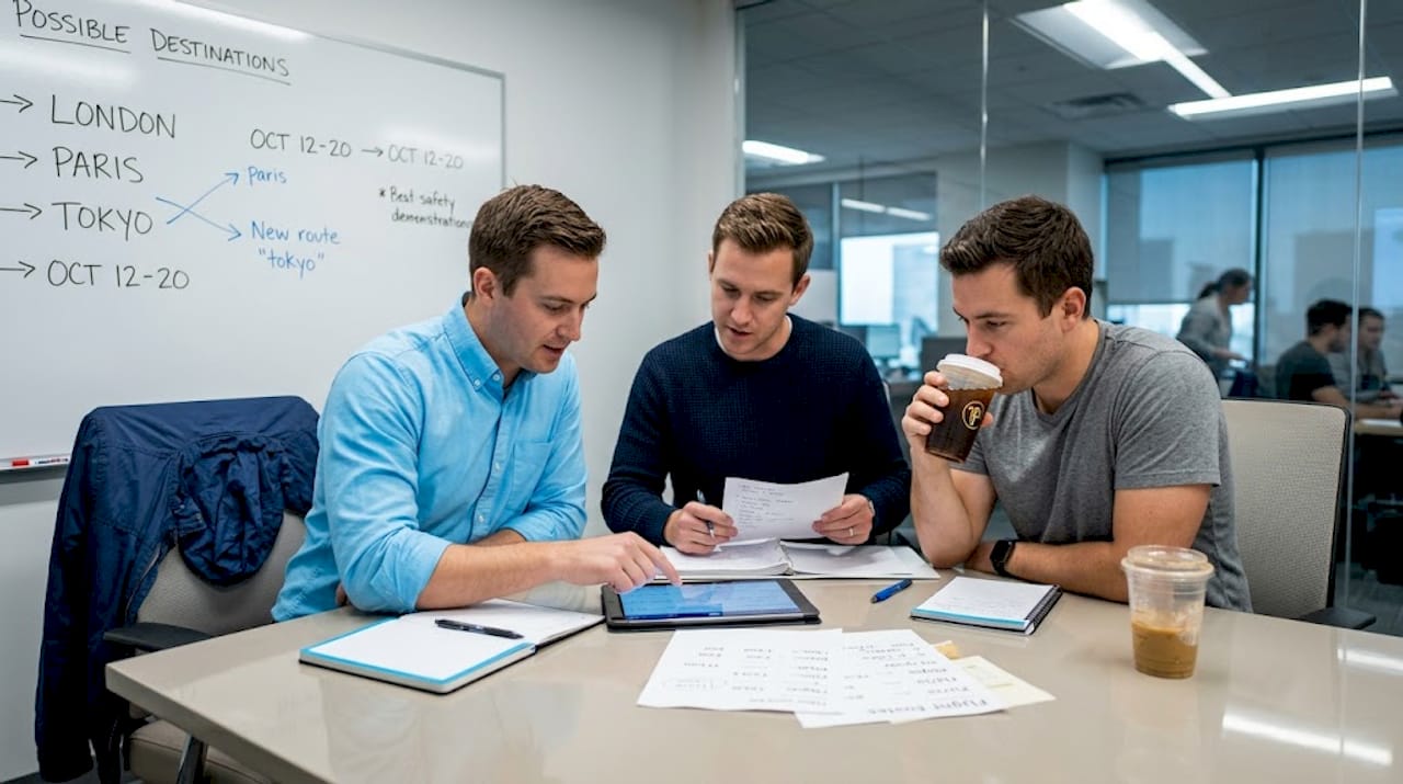 Coworkers planning group airfare in meeting room