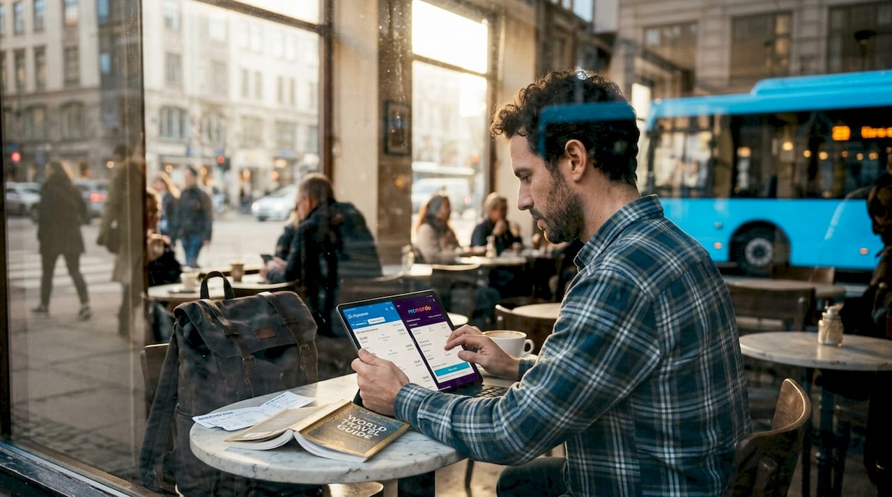 Traveler comparing flight apps in a café