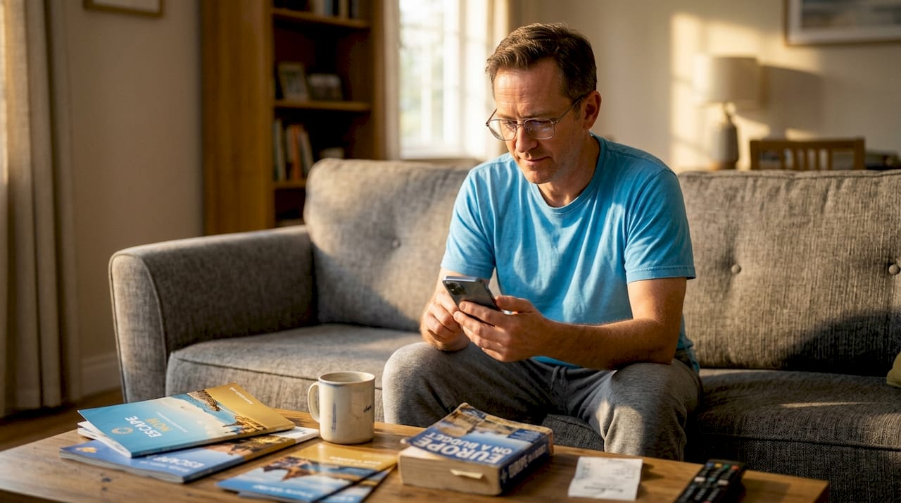 Man using phone for flight price alert