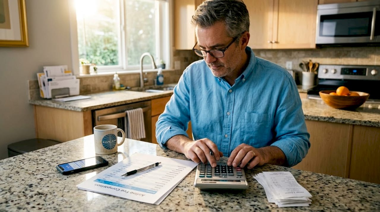 Man calculates airline ticket total cost