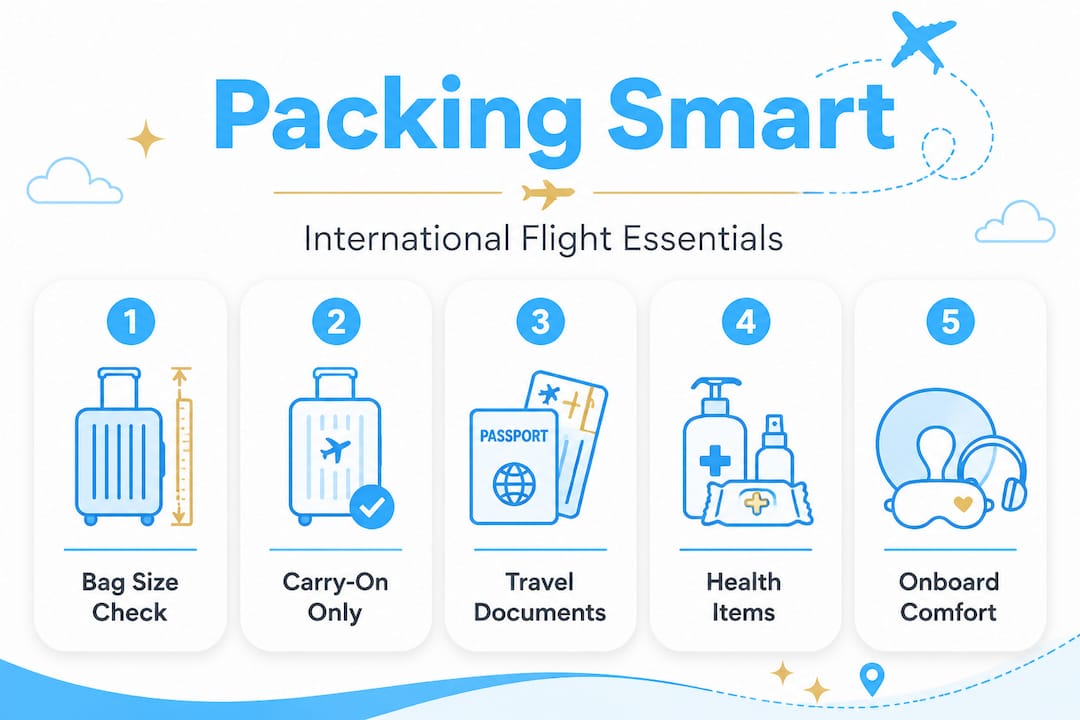 Vertical infographic on packing essentials for flights