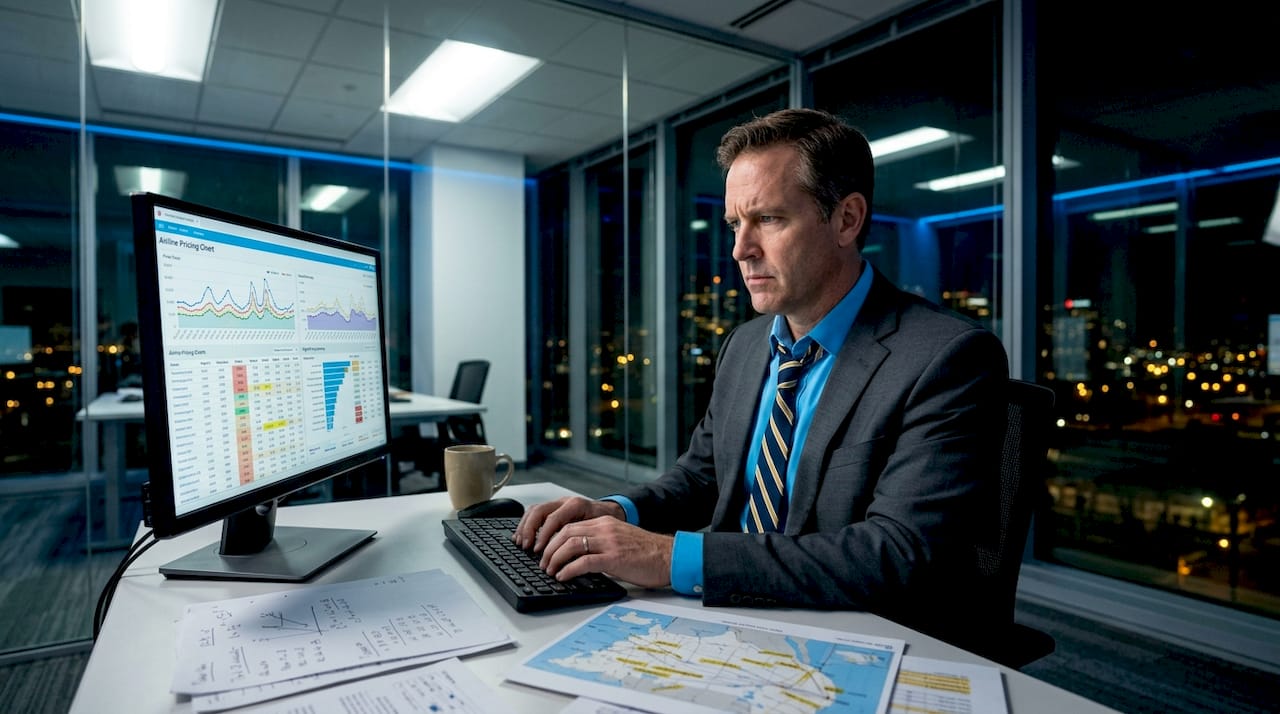 Airline analyst reviewing flight pricing data