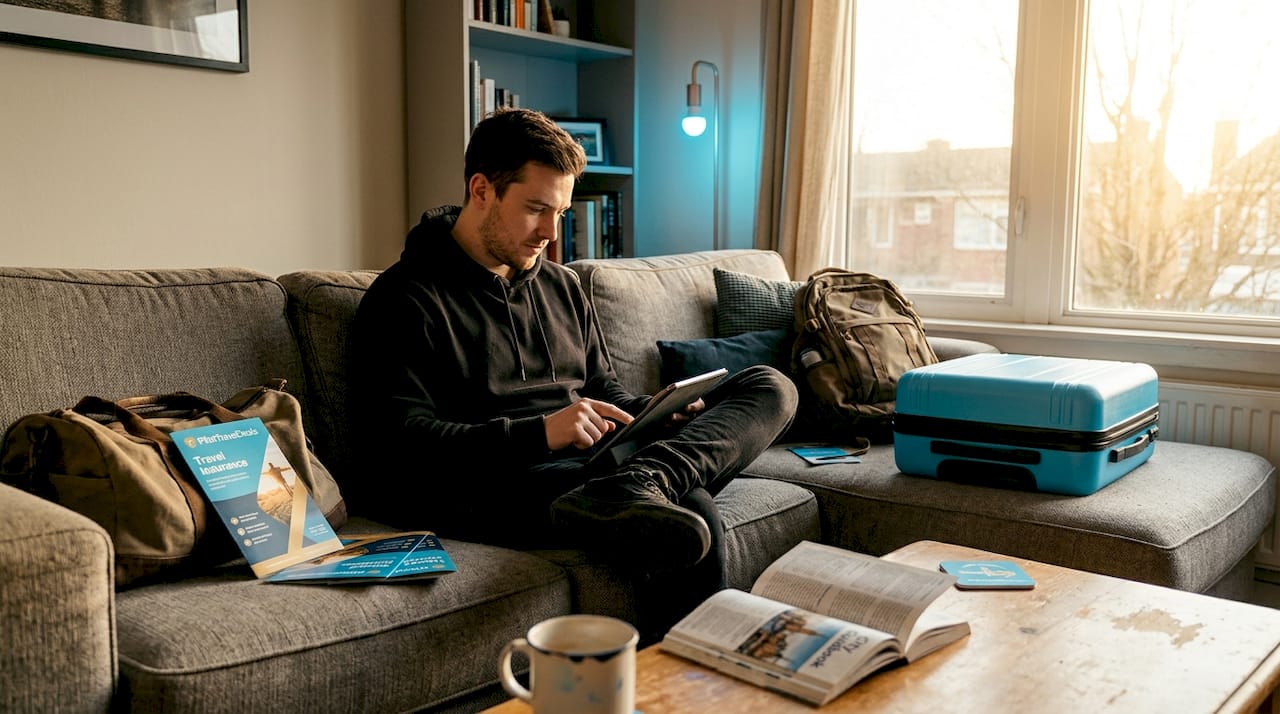 Man comparing travel deals with luggage ready