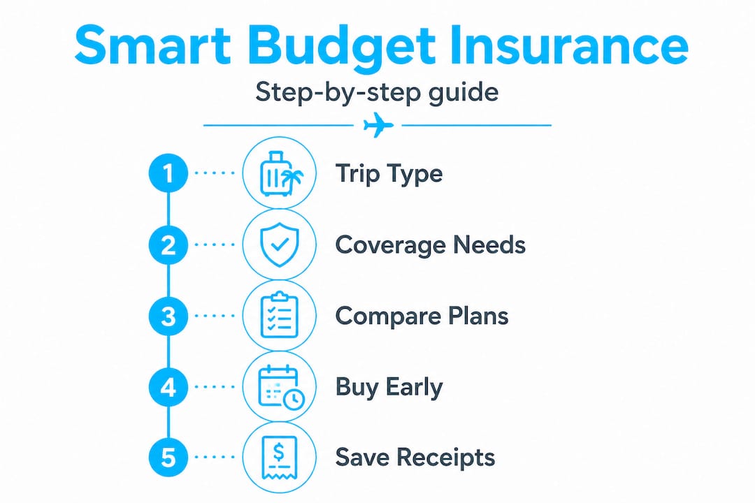 Infographic with five steps for budget travel insurance