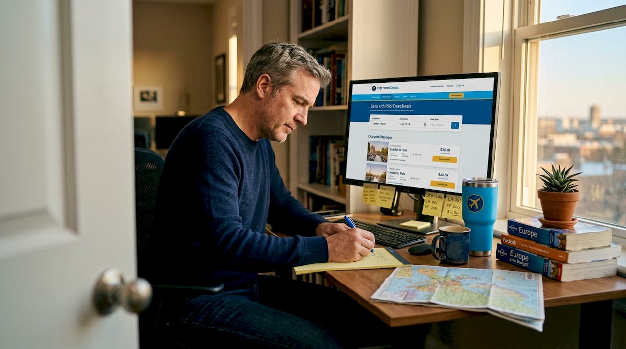Man comparing bundled vacation packages online