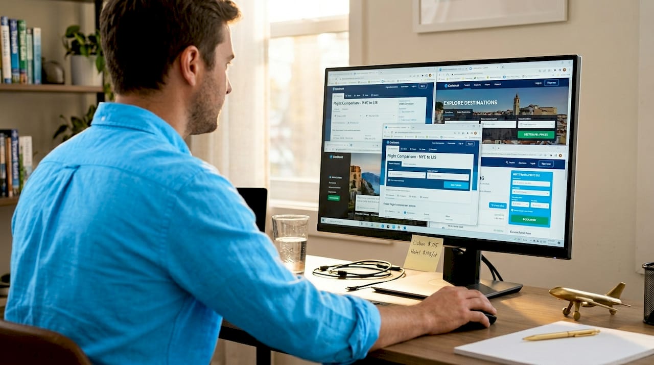 Man comparing travel deals across open tabs