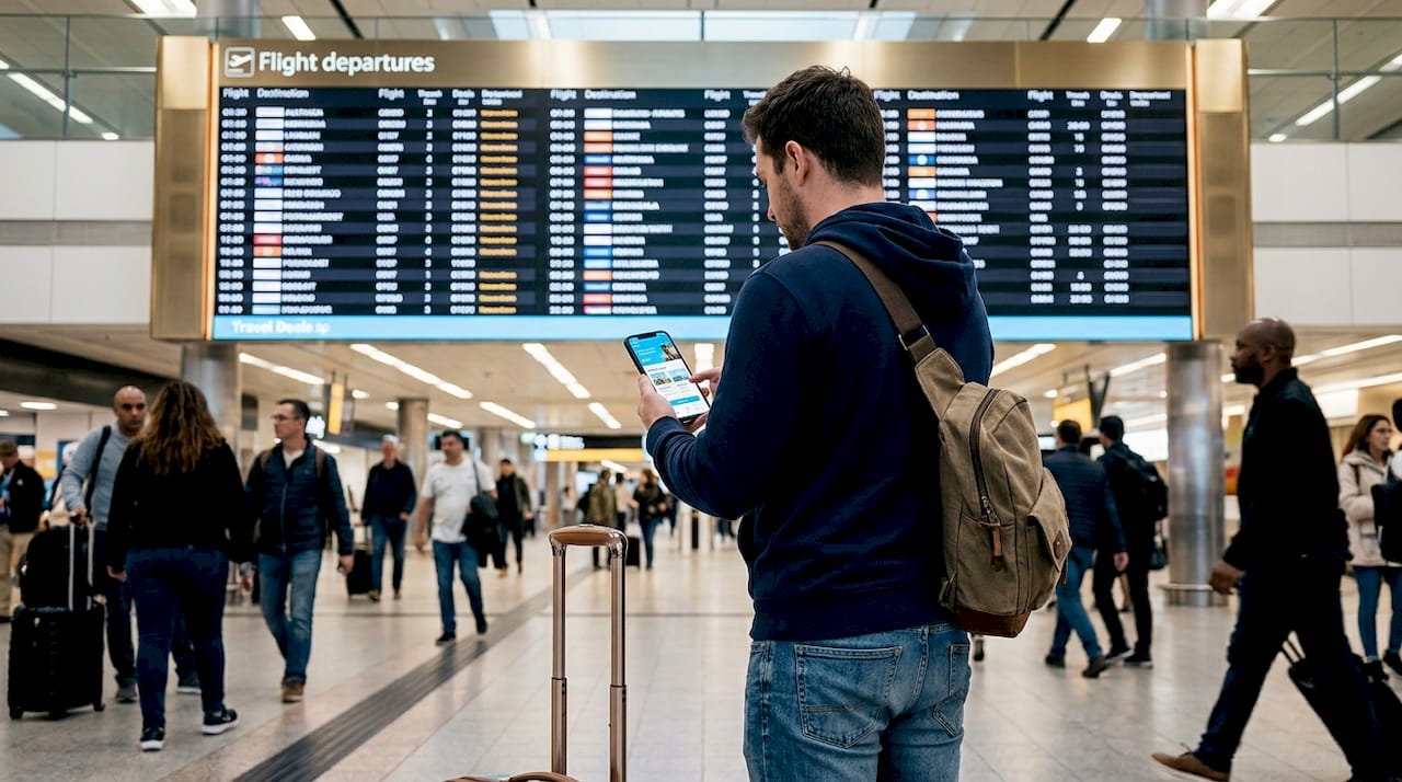 Traveler checking flight connections at airport