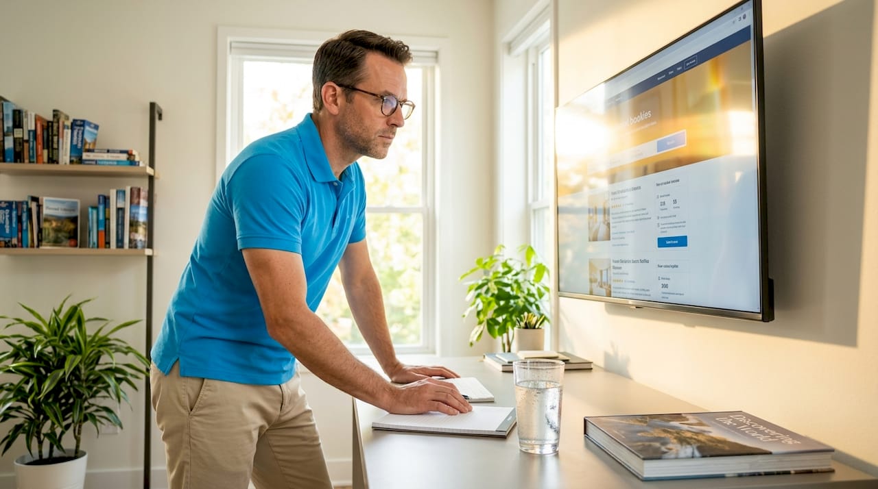 Man reviewing hotel booking sites for transparency