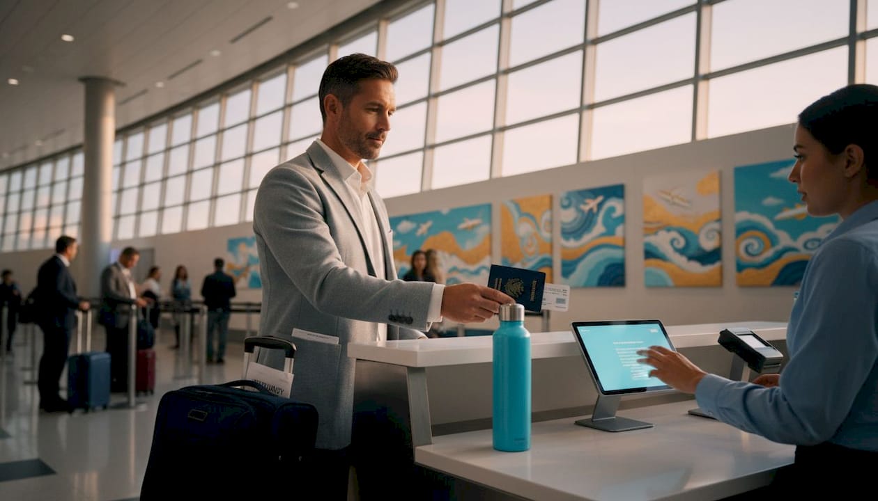 Traveler checks baggage at airport counter