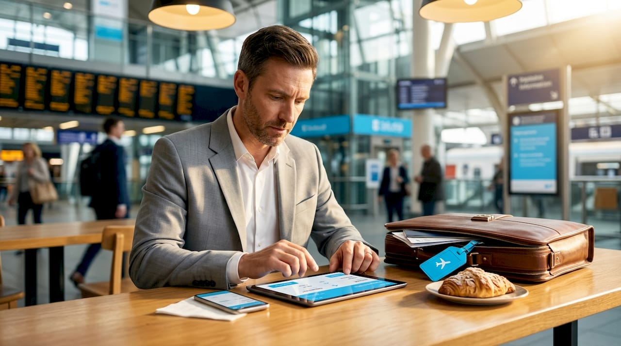 Businessman booking travel in train station café
