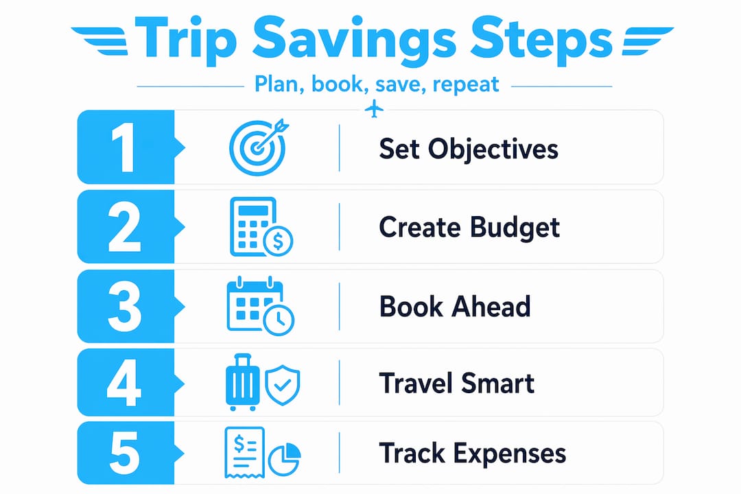 Vertical infographic illustrating business trip savings steps