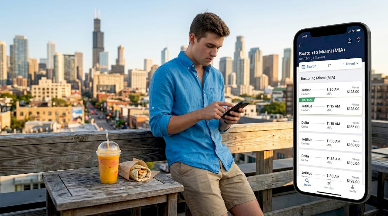 Employee booking leisure flight on phone at café