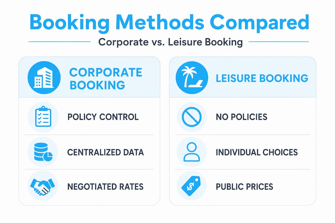 Side-by-side infographic comparing corporate and leisure booking