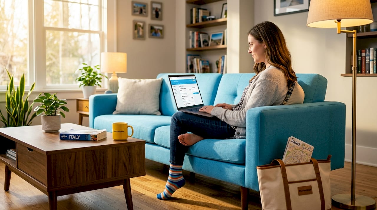 Woman searching flights on laptop in living room