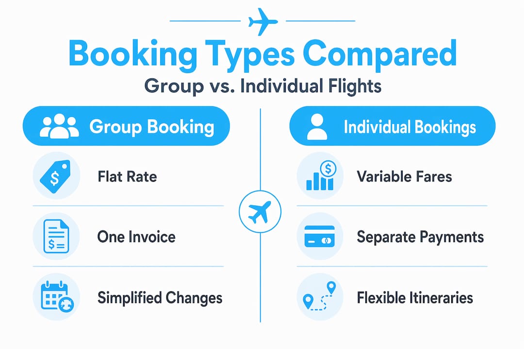 Infographic comparing group and individual flight booking