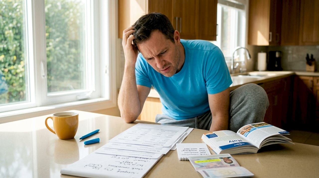 Man reviewing travel documents at home