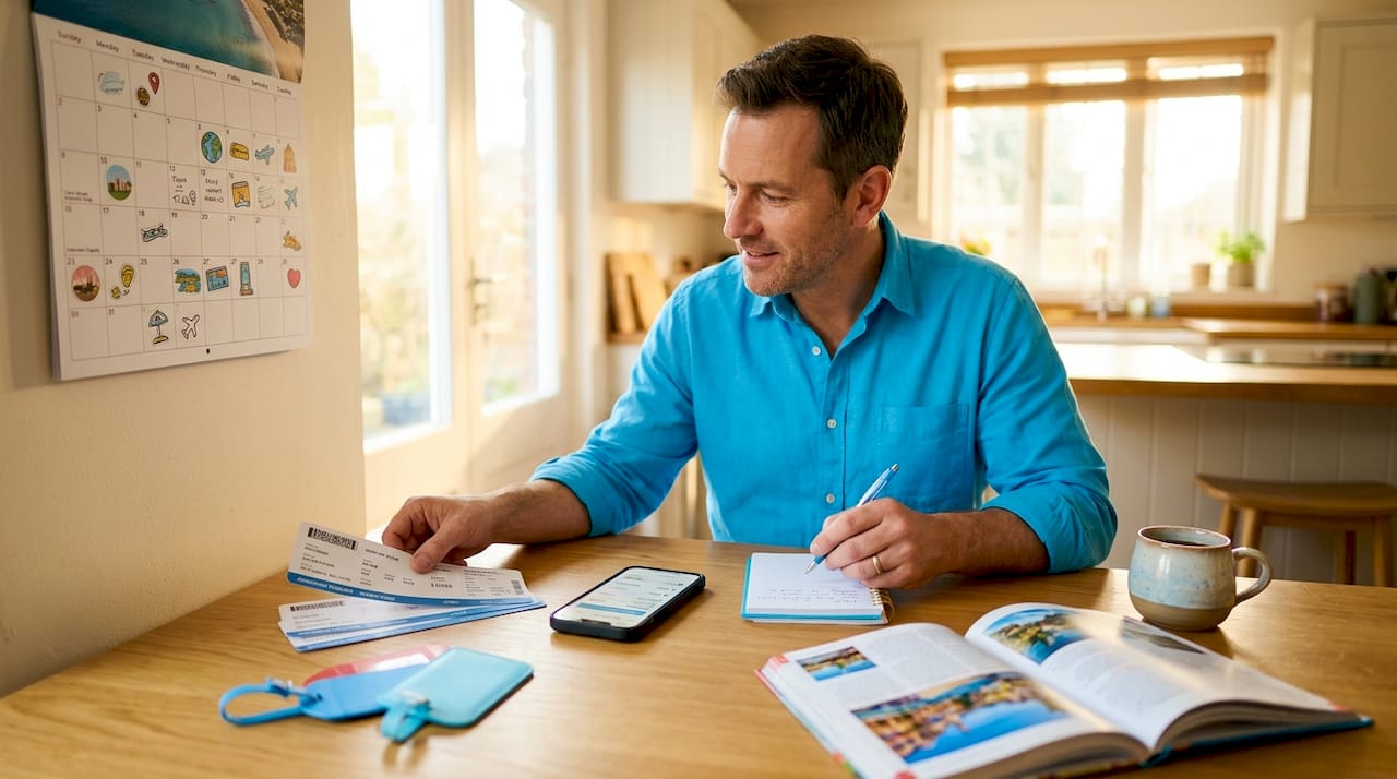 Man organizing travel itinerary at kitchen