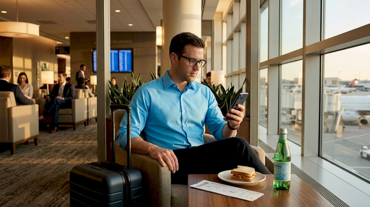 Traveler uses airline credit card in airport lounge