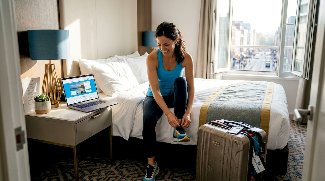 Guest preparing in a tidy hotel room