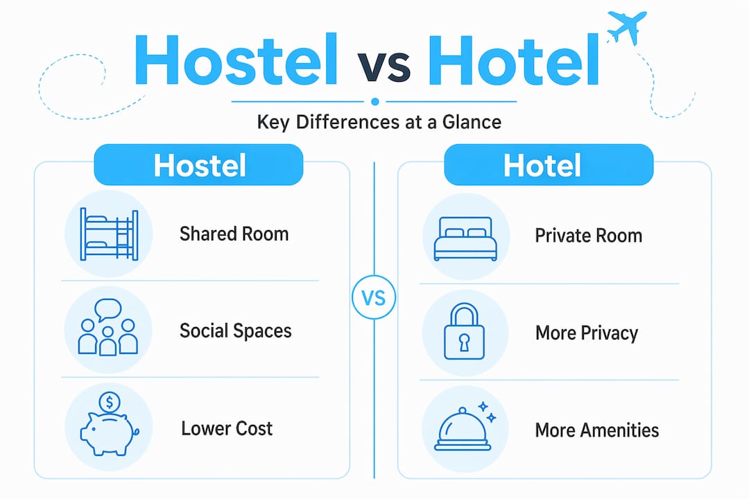 Side-by-side infographic showing hostel and hotel differences