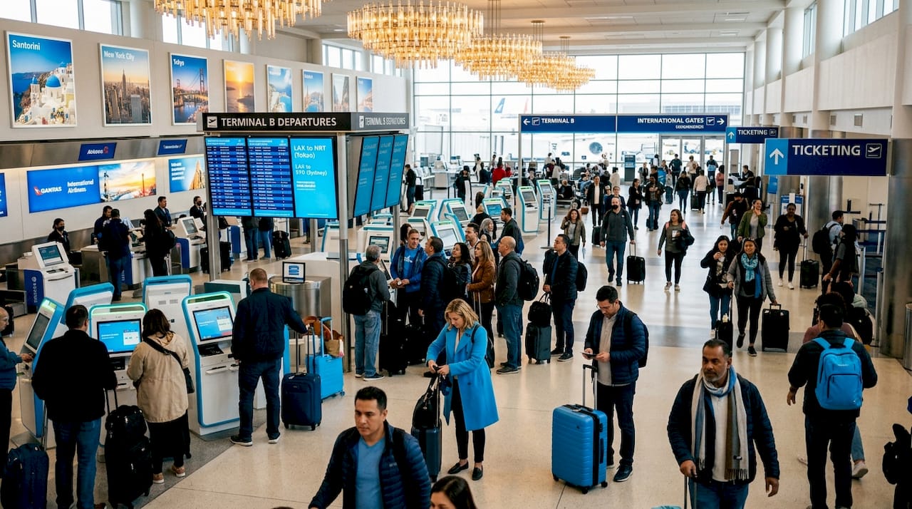 Travelers at LAX airport departures hall